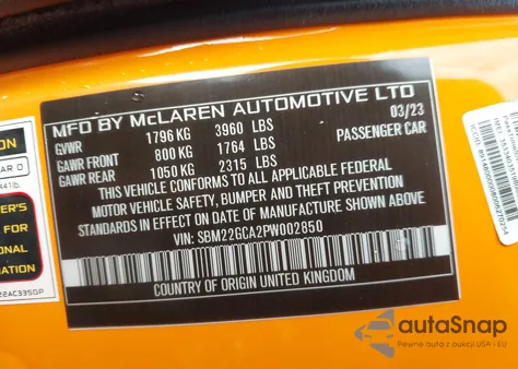 2023 Mclaren Gt z USA, uszkodzony, nr VIN SBM22GCA2PW002850